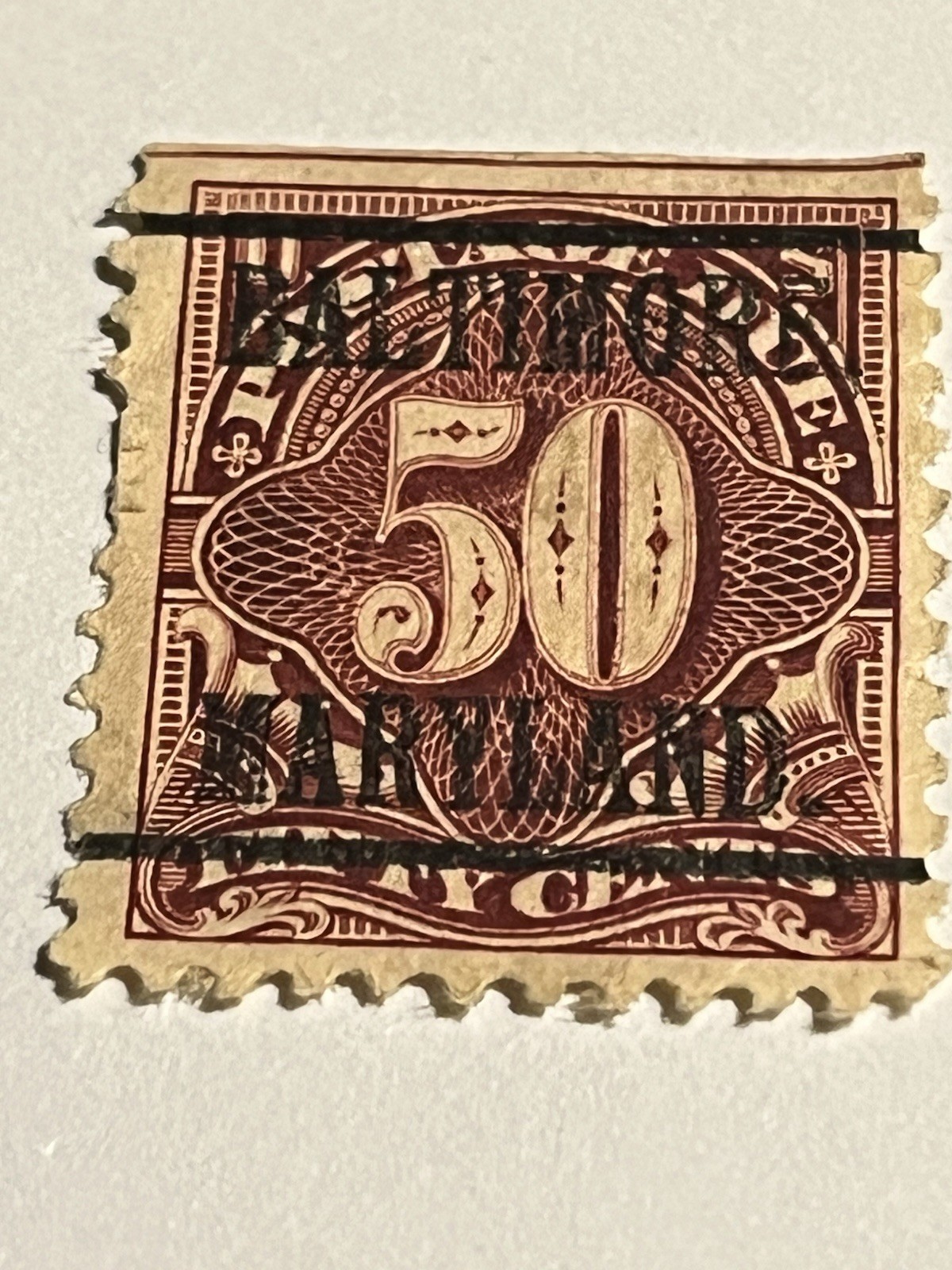 50 Cent Postage Due Stamp HINGED NO GLUE – BALTIMORE MARYLAND PRE-CANCEL