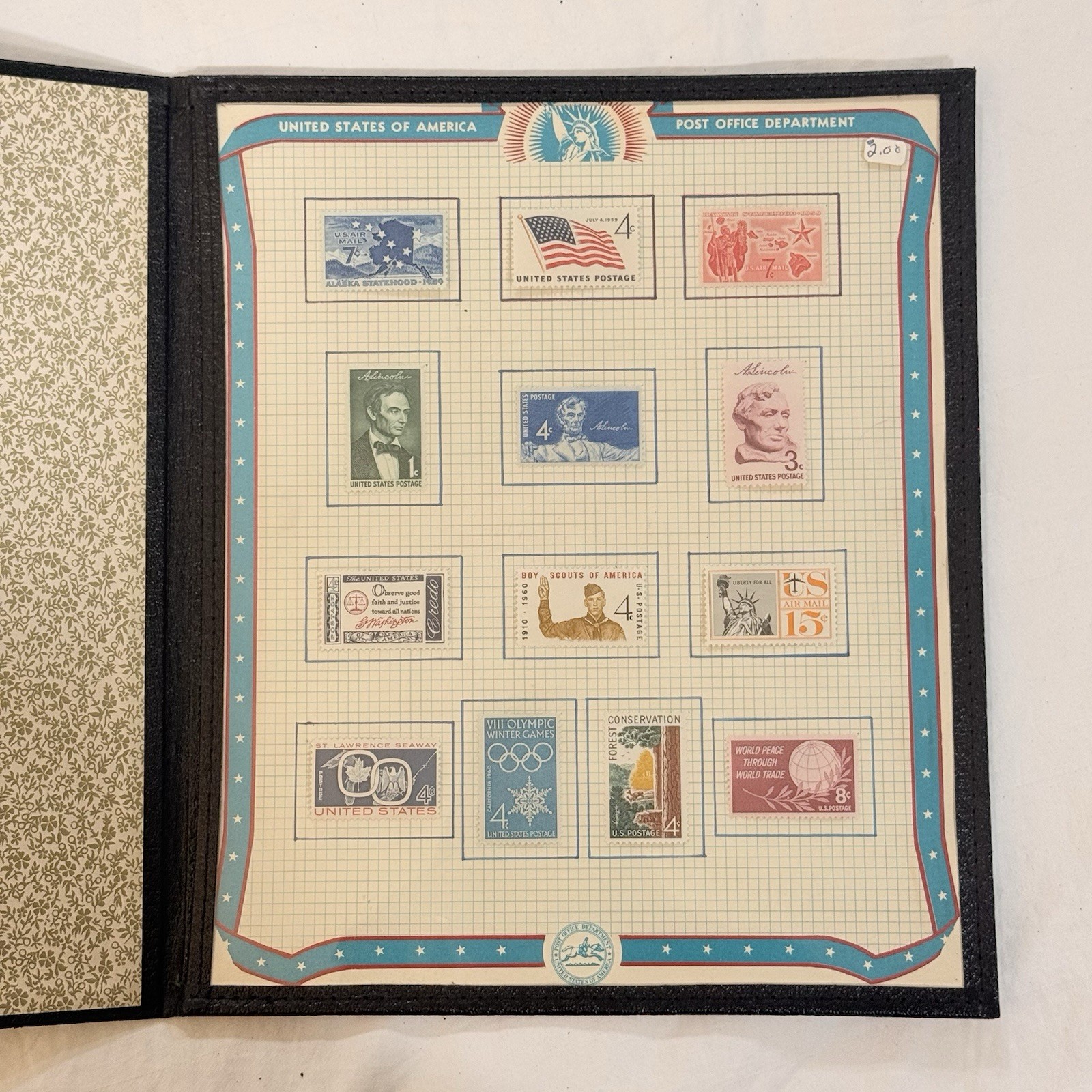 Vintage USPS Stamp Display Page Post Office Department Collection Mixed Stamps