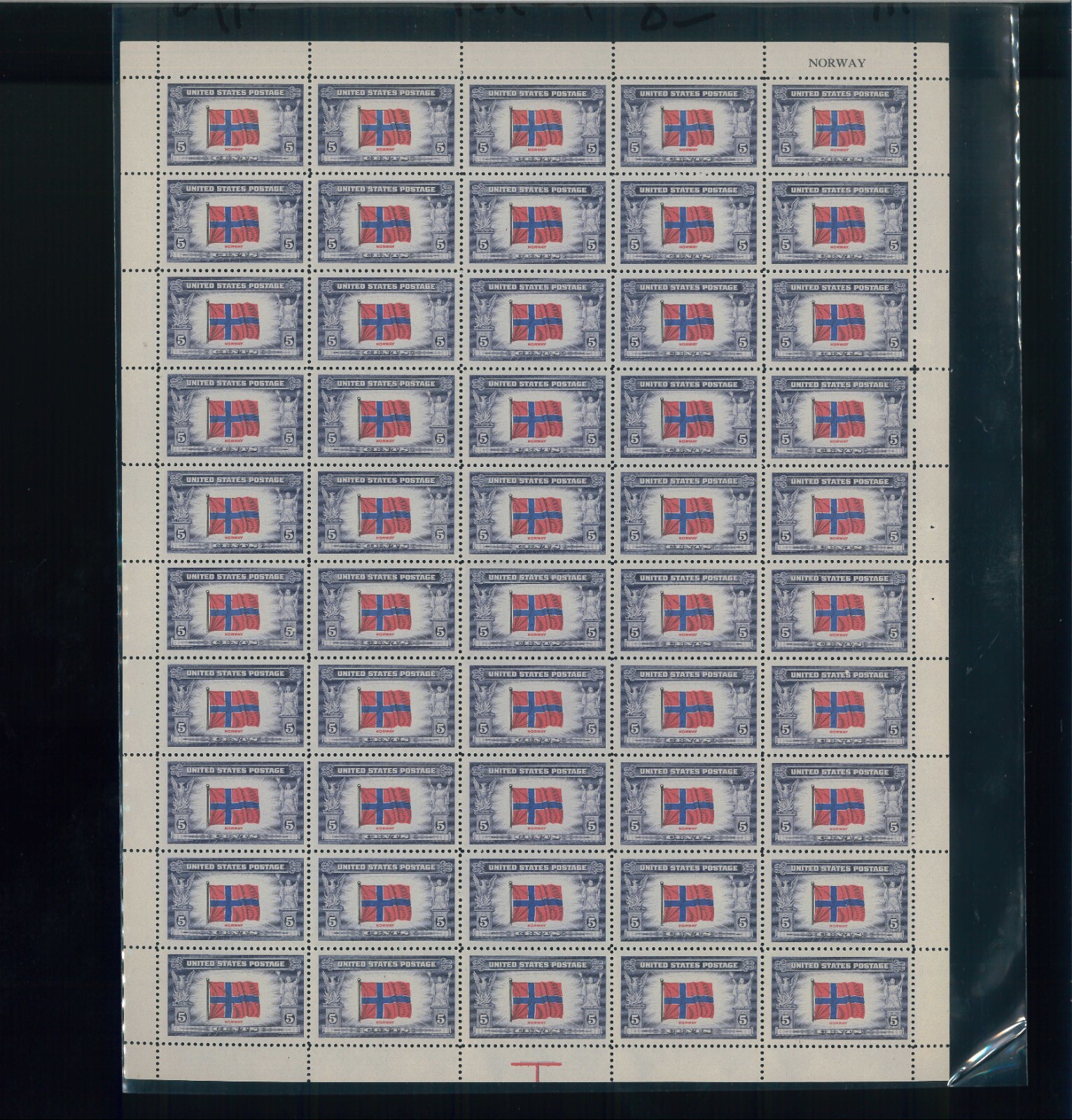 United States 5¢ Norway Overrun Nations Postage Stamp #911 MNH Sheet