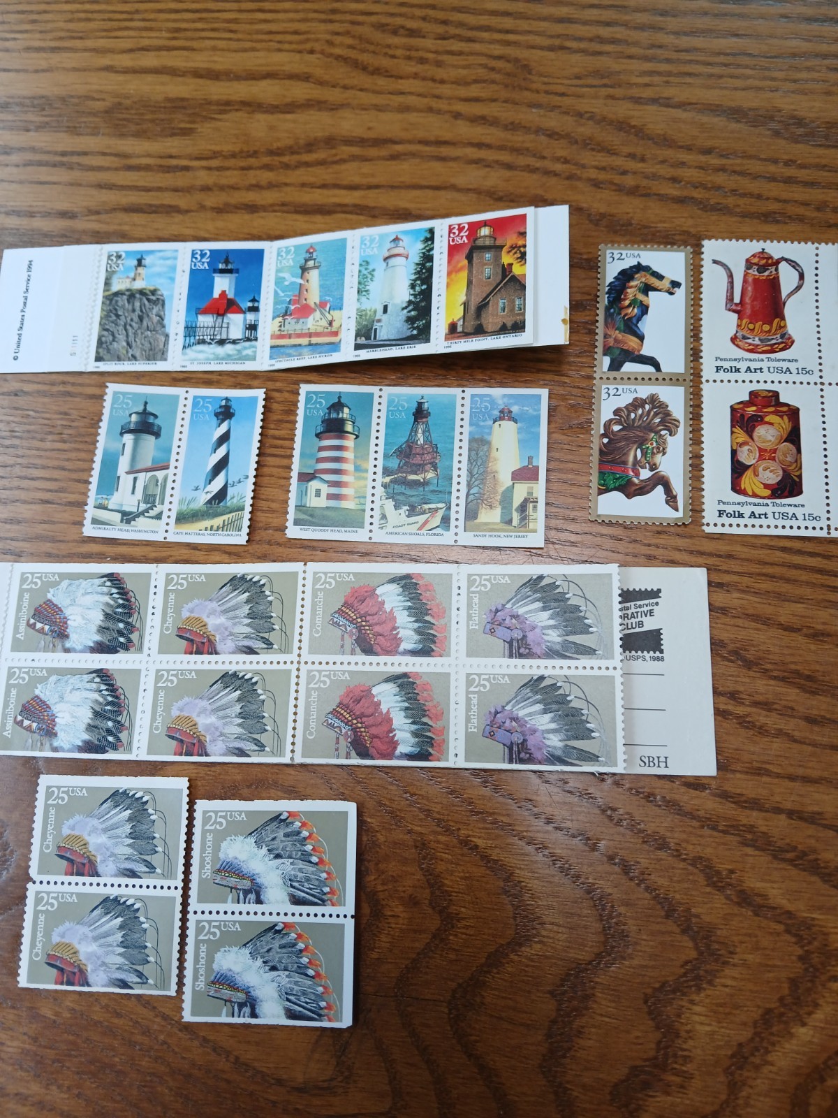 USPS 39 Stamps Love, Lighthouses, folk art, Indian Headdresses15 cent to 32 cent