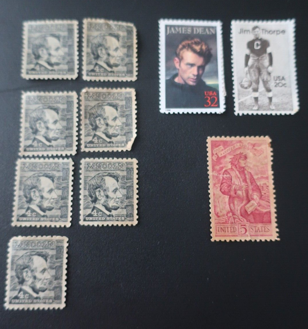 Misc. Stamps–James Dean, Jim Thorpe, Dante, 4 cent Lincoln–not mint