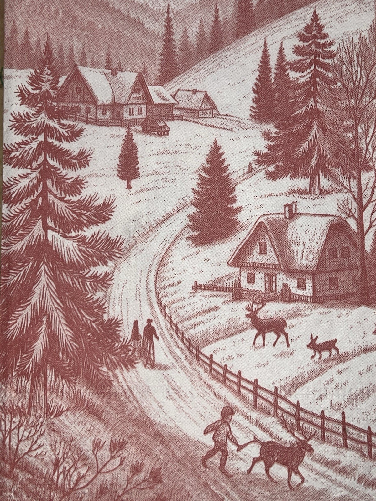 Three Individual paper dinner Decoupage Napkins Red White Countryside Toile Tree