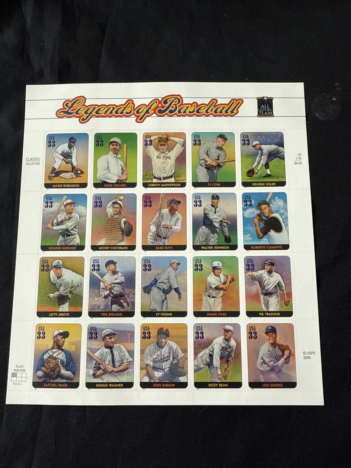USPS 2000 33-cent Legends of Baseball Collection Major League All-Century Team