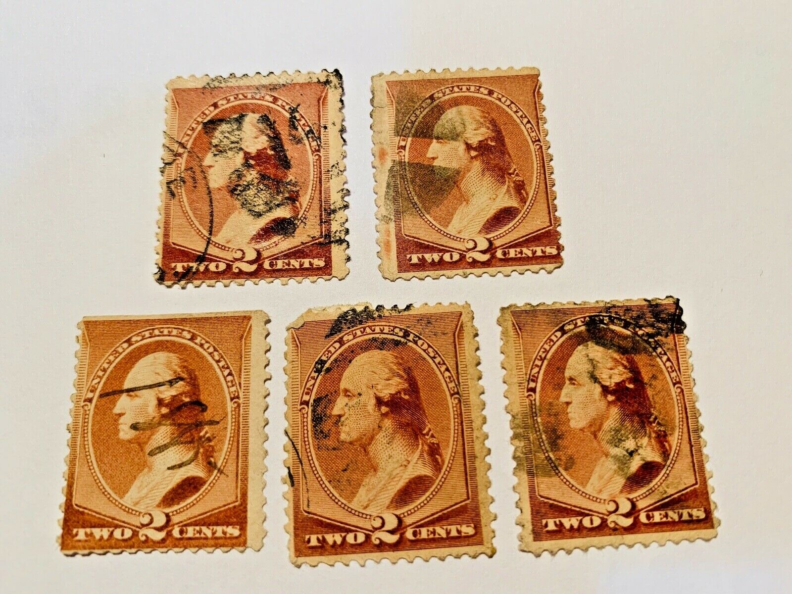 U.S. Scott 210 Washington 1883 Regular Issue 2 Cent Stamp Red Brown Qty 5 used