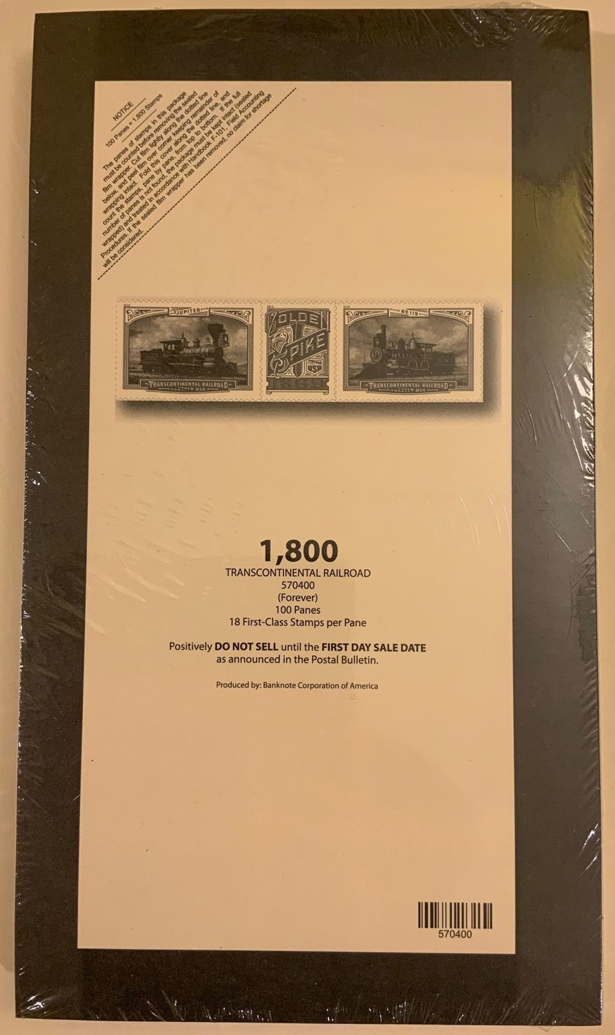 Transcontinental Railway Full Sealed Pad of 100 Sheets (1800 Stamps) Scott 5380