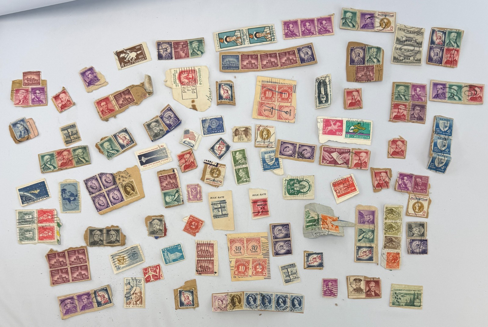 Vintage Worldwide Stamp Kiloware Lot on Paper 1950s–1960s US and Foreign