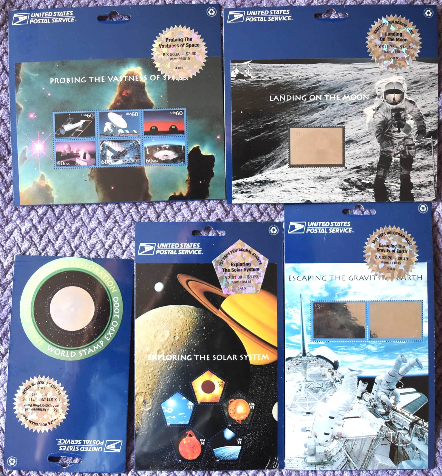 USPS Landing on The Moon, Solar System, Space Complete Set of 5 Stamp Sheets