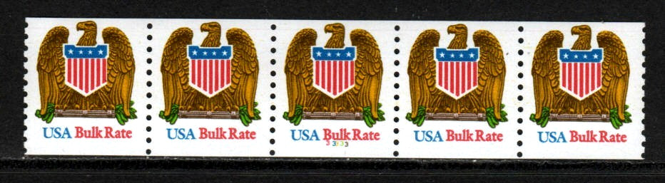 US Stamp 10¢ Bulk Rate Eagle/Shield Plate #33333 Coil Strip of 5 stamps SC#2603
