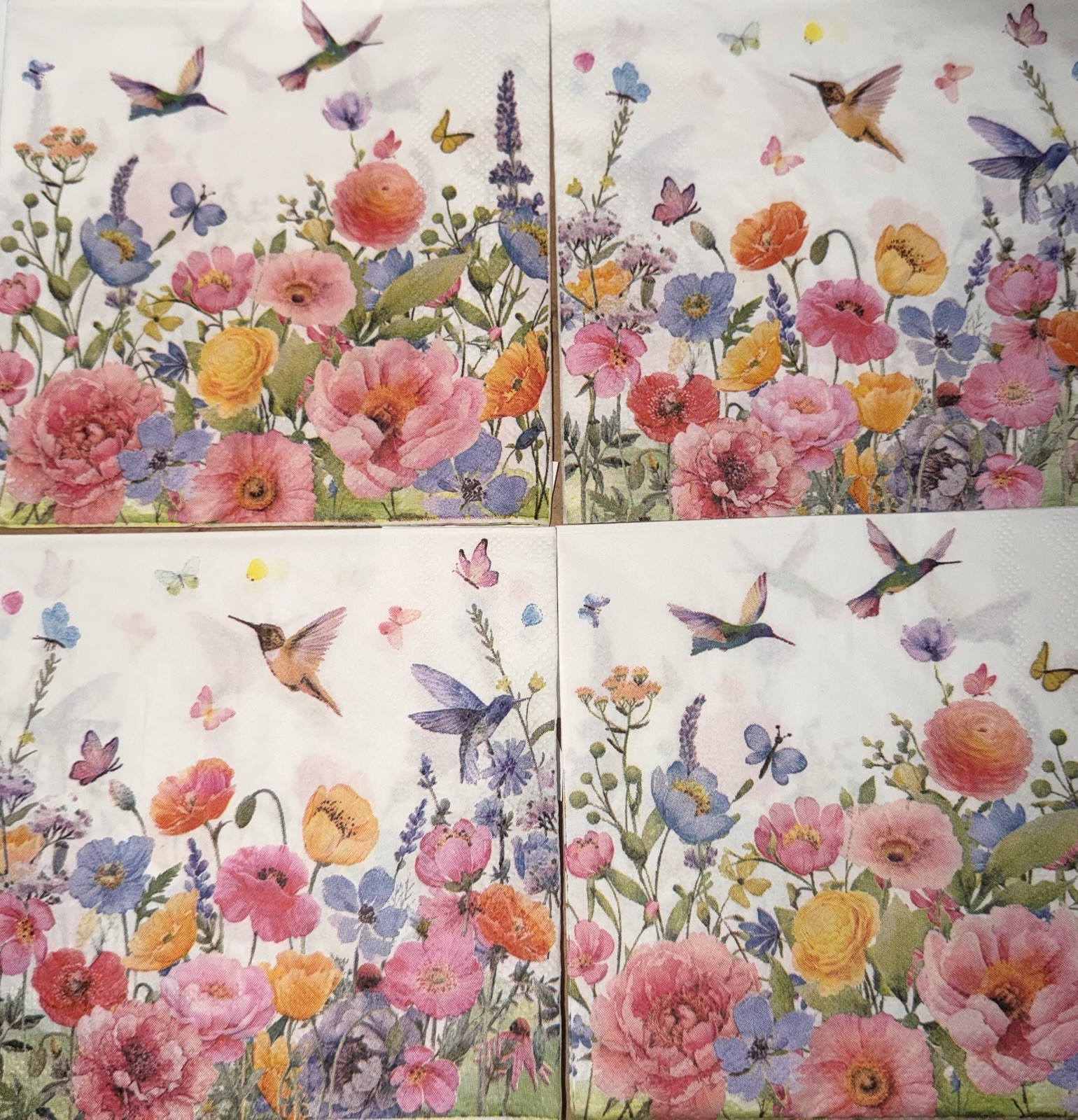 FOUR Paper BEVERAGE/COCKTAIL Decoupage Art Craft Napkins Hummingbirds Floral 5”