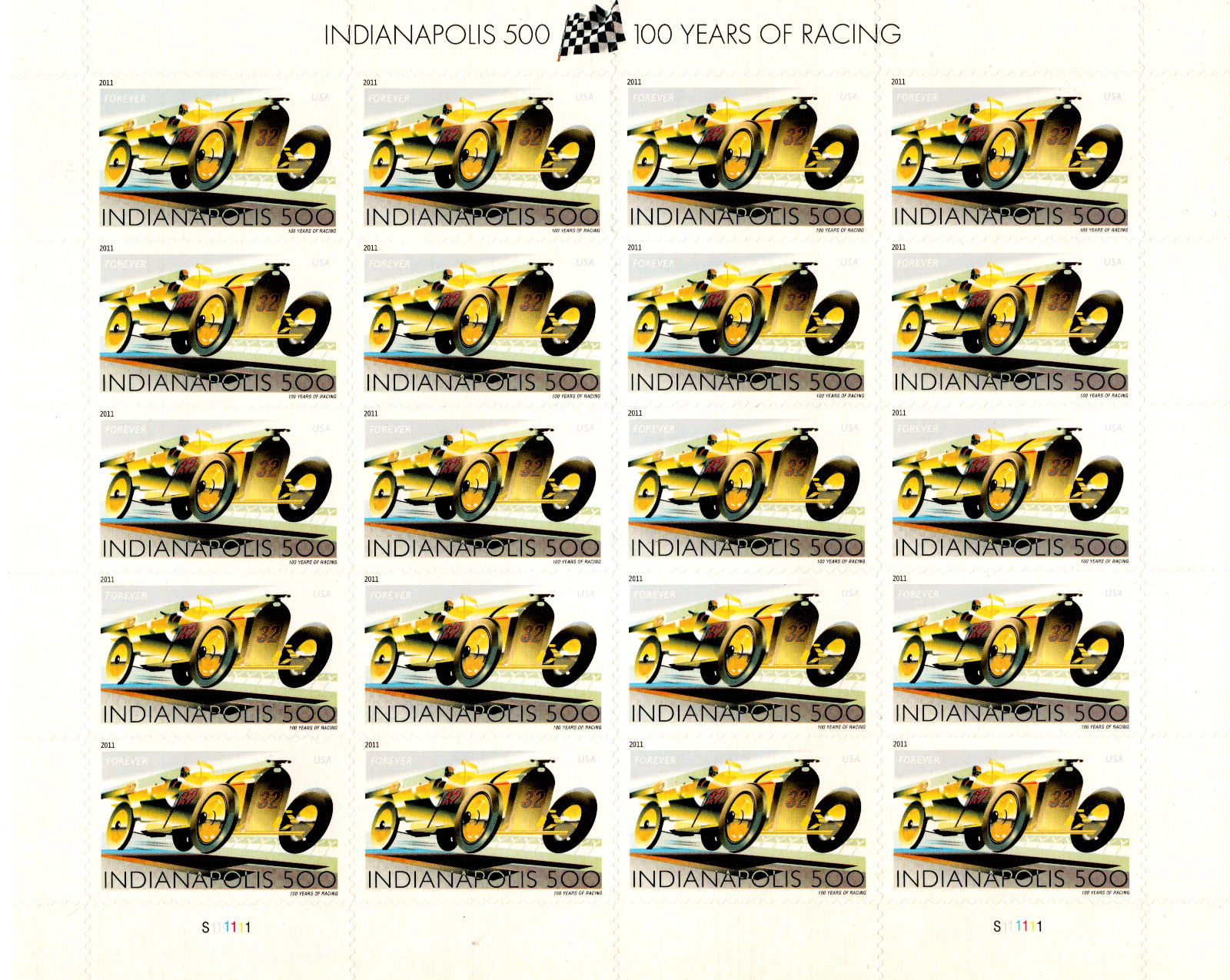 USA 2011 INDIANAPOLIS 500, 100 YEARS OF RACING,20 STAMPS, FOREVER,SCOTT 4530 MNH