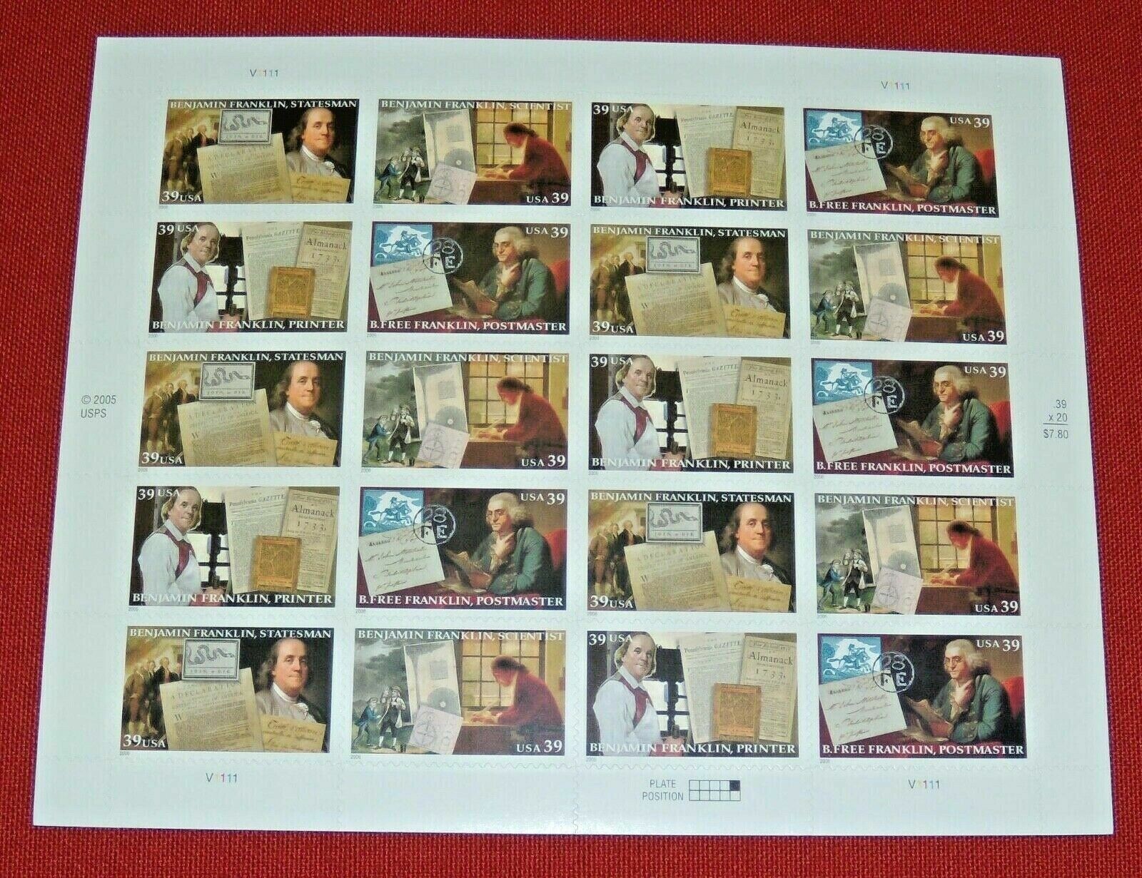 Four Sheets x 20 = 80 of BENJAMIN FRANKLIN 39¢ US Postage Stamps USA # 4021-4024