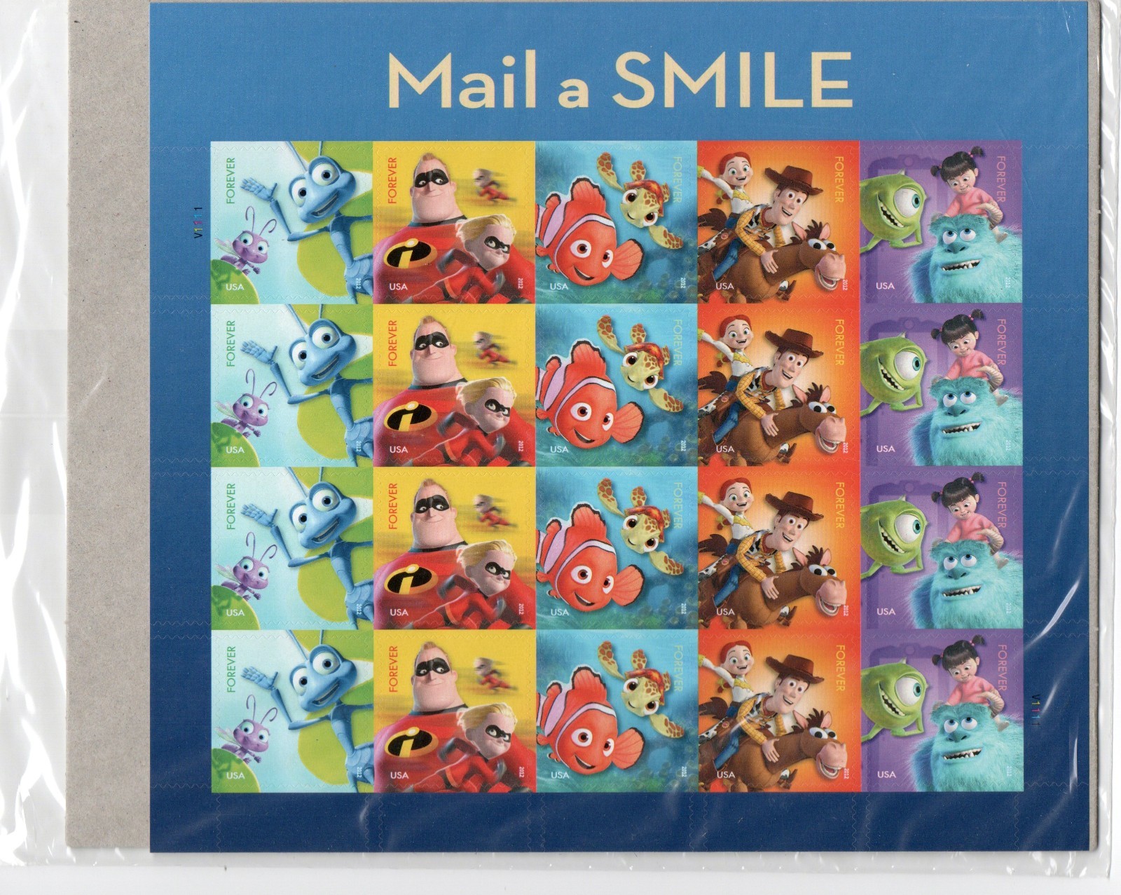 **NEW** PANE OF 20 DISNEY PIXAR MAIL A SMILE FOREVER STAMPS MNH