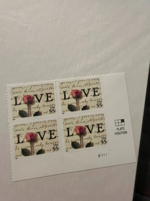 3999 Rose & Love Letter. 55c plate block of 4.