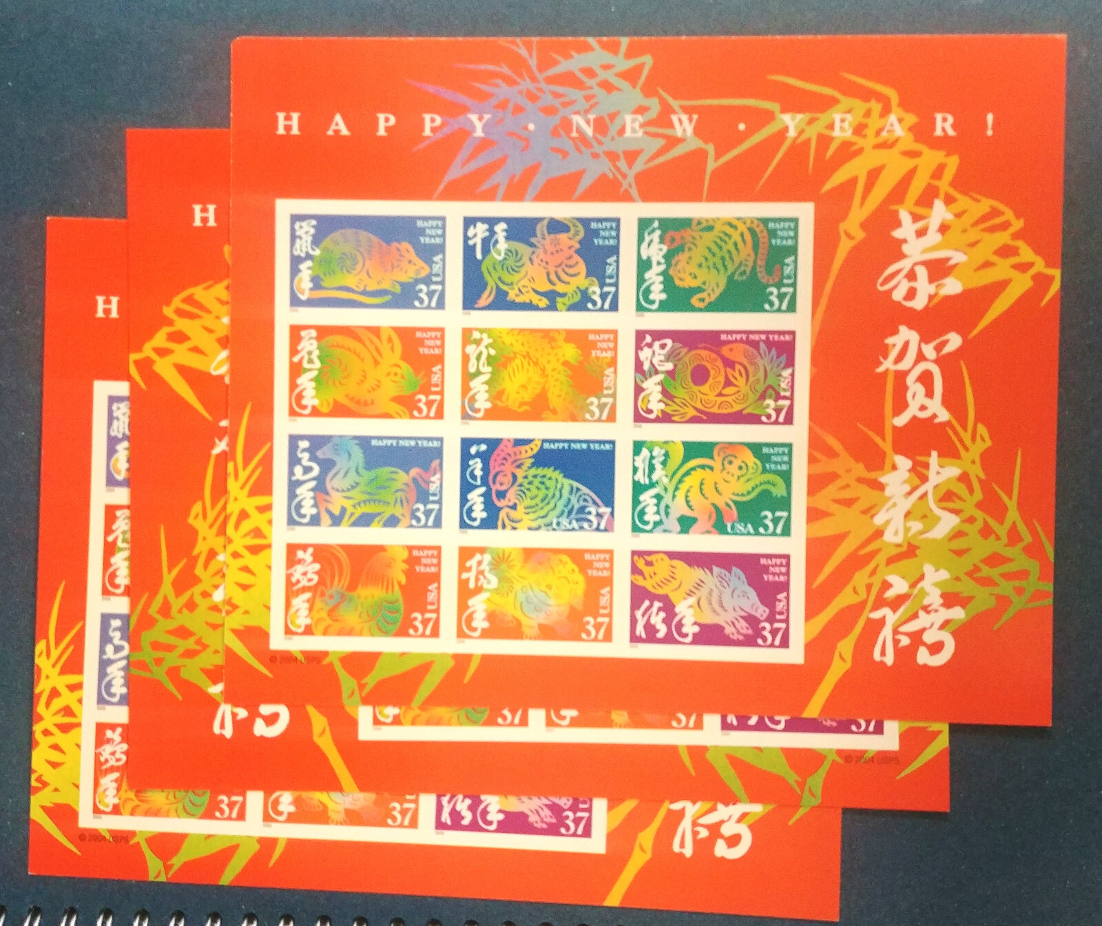 3x 37 cent stamps Happy New Year! sheet pane of 24 double-sided Chinese Lunar