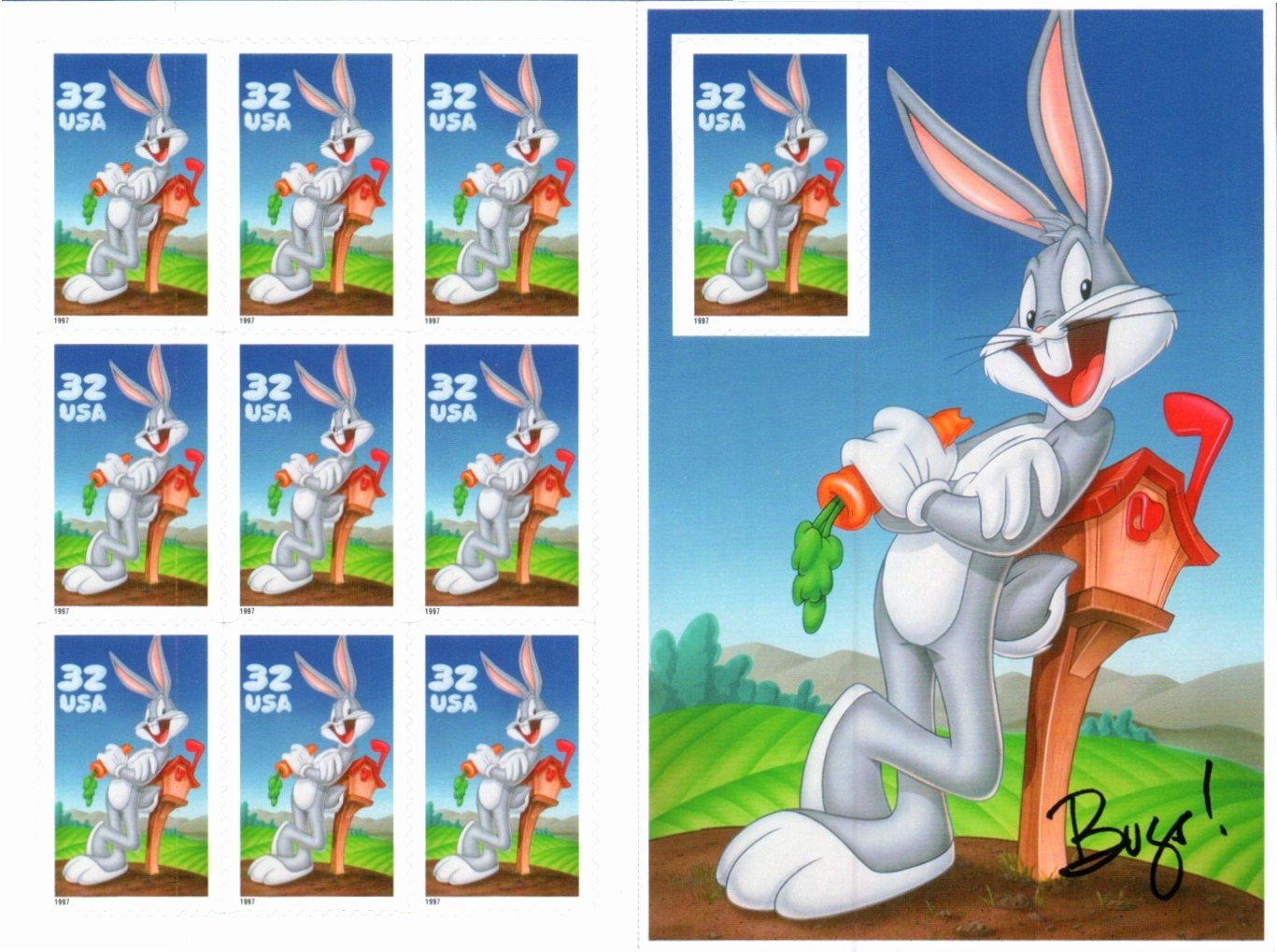 Scott#: 3137 – Bugs Bunny 10×32¢ 1997 Avery self-adhesive pane of 10 – Lot 9