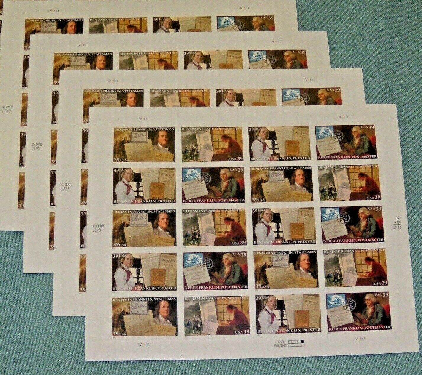 Four Sheets x 20 = 80 of BENJAMIN FRANKLIN 39¢ US Postage Stamps USA # 4021-4024