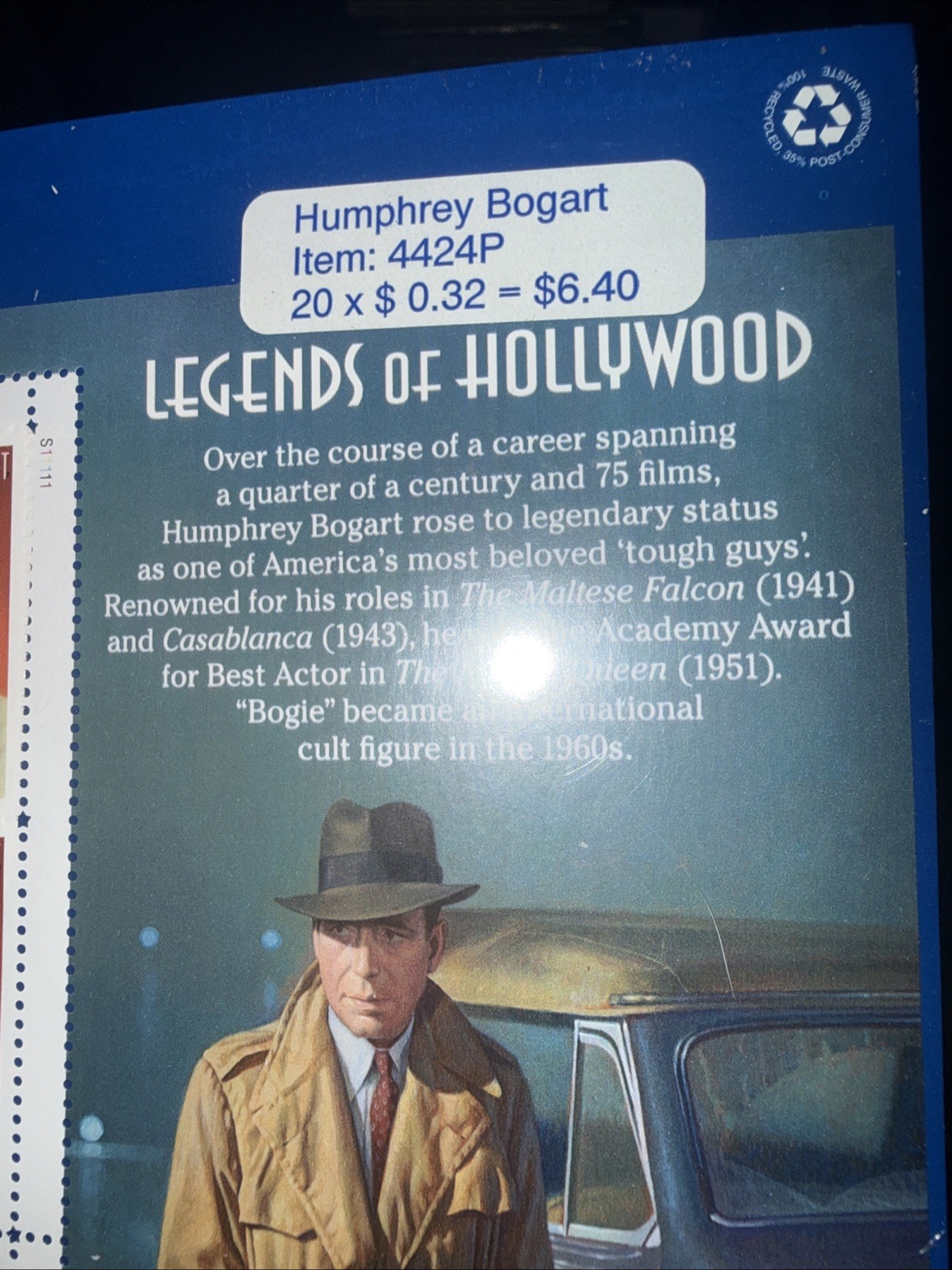 Legends Of Hollywood – Humphrey Bogart Stamps Full Sheet of 20 US Sealed 4424P