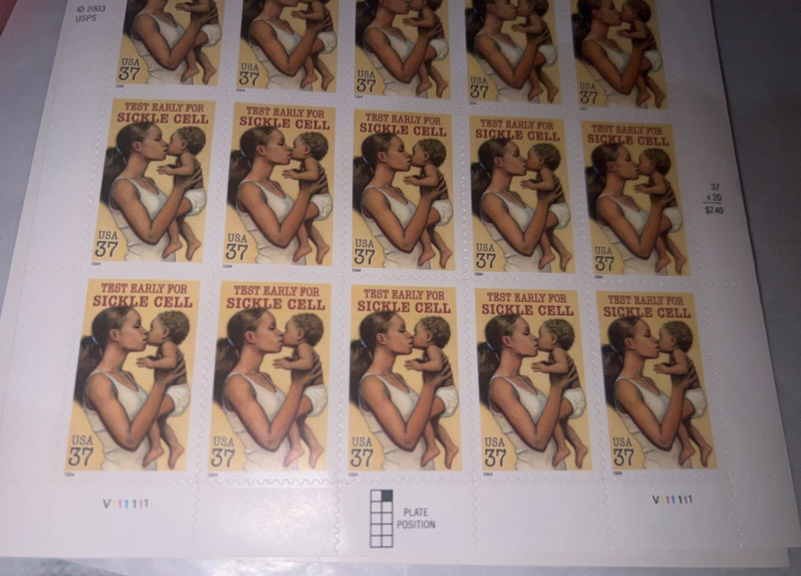See Photos. US Stamps SCOTT 3877 PANE OF 20 TEST EARLY FOR SICKLE CELL STAMPS 37