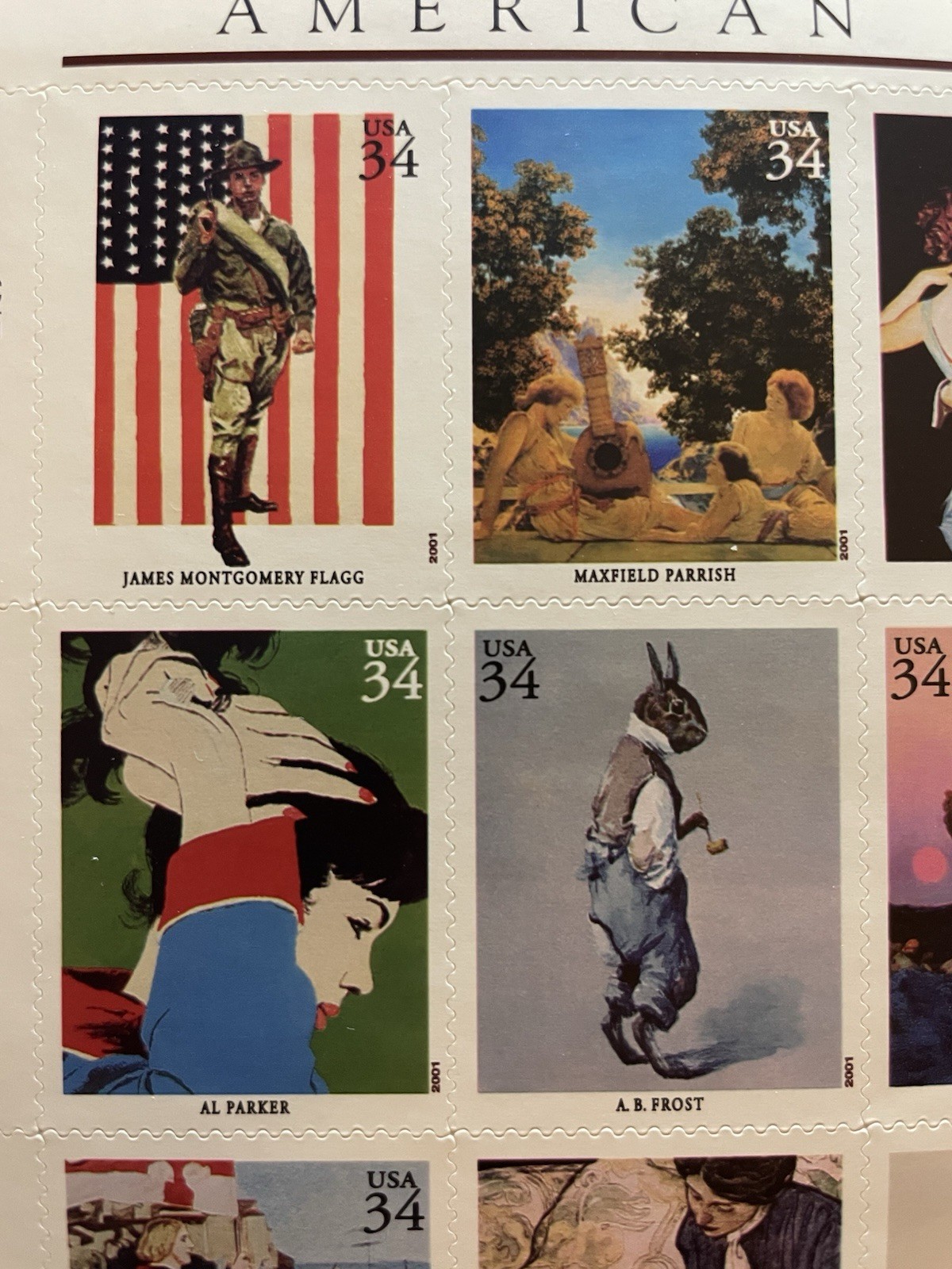 USA 34 Cent AMERICAN ILLUSTRATORS Postage Stamps, Full Sheet of 20