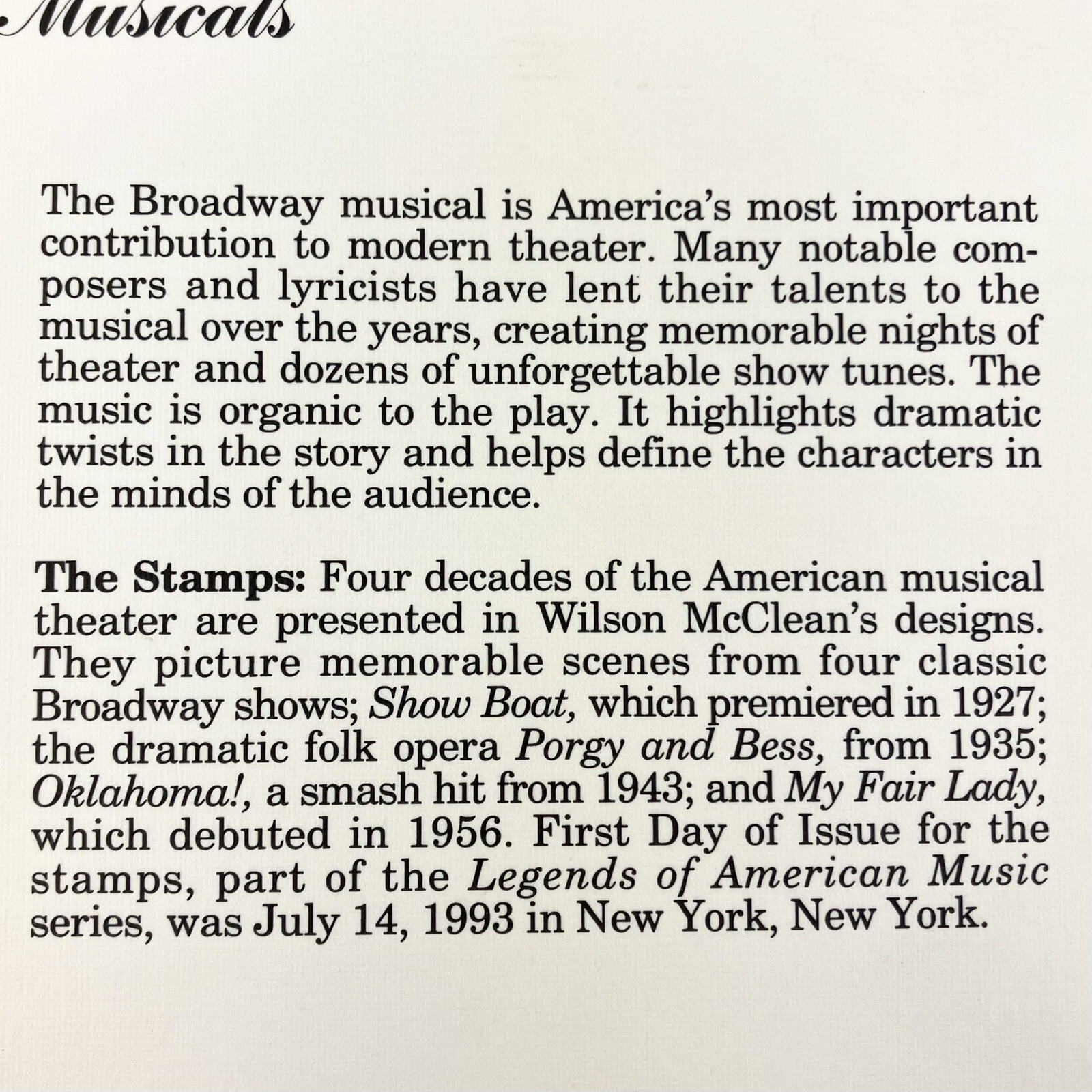 Donald Moss Broadway Musicals Postage Stamp Art USPS Farmable Gift 1993 Damaged
