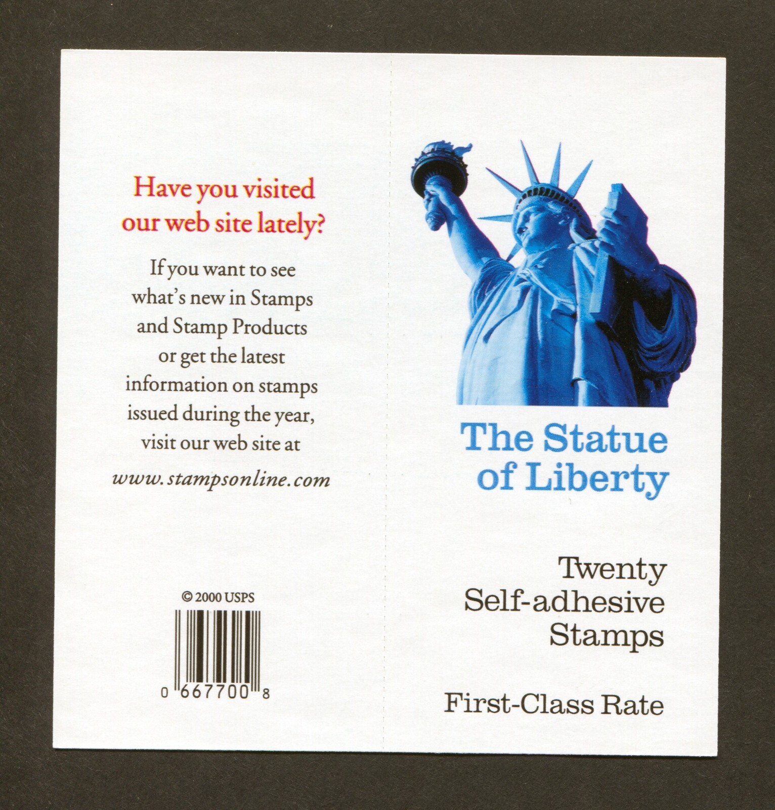 U.S. Scott# 3451a, 2000 Statue of Liberty, Booklet Pane of 20, SCV: $22.00