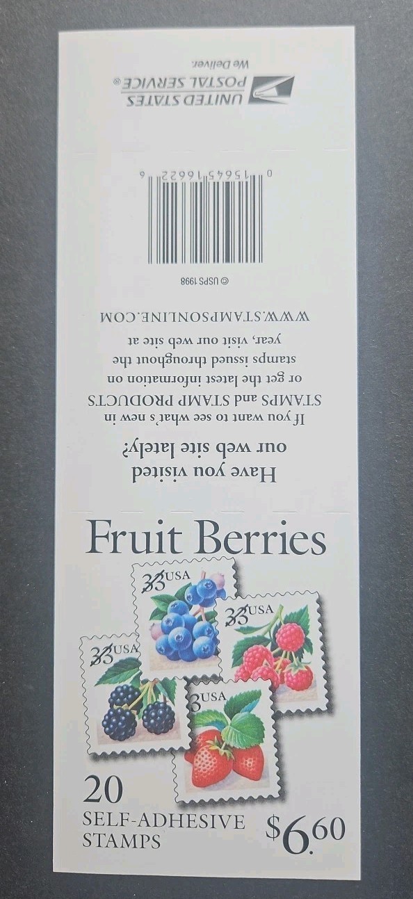 1999 US SCOTT 3297b BOOKLET OF 20 FRUIT BERRIES STAMPS 33 CENT FACE MNH