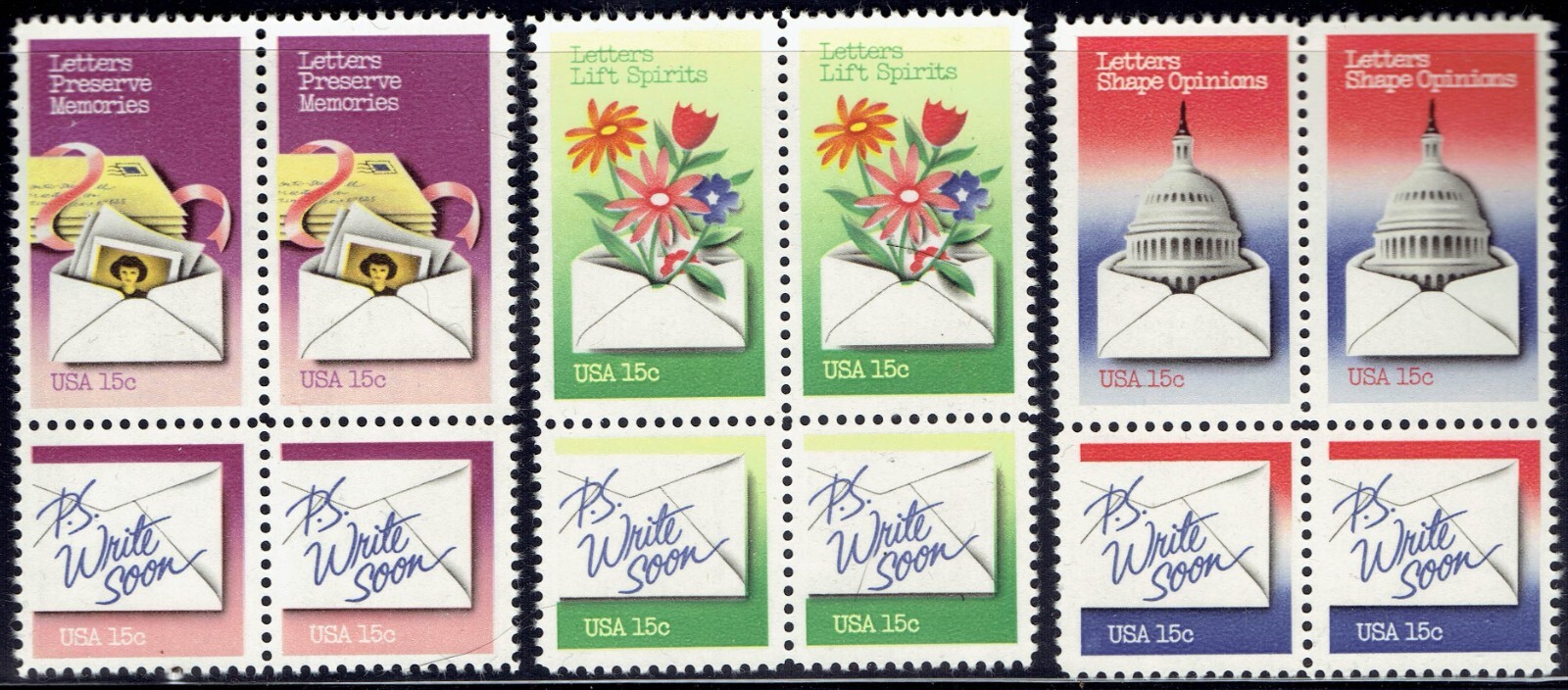 US 1805-10 Nat. Letter Writing 15c (2) sets of 6 on (3) blocks of 4 MNH us1805-3