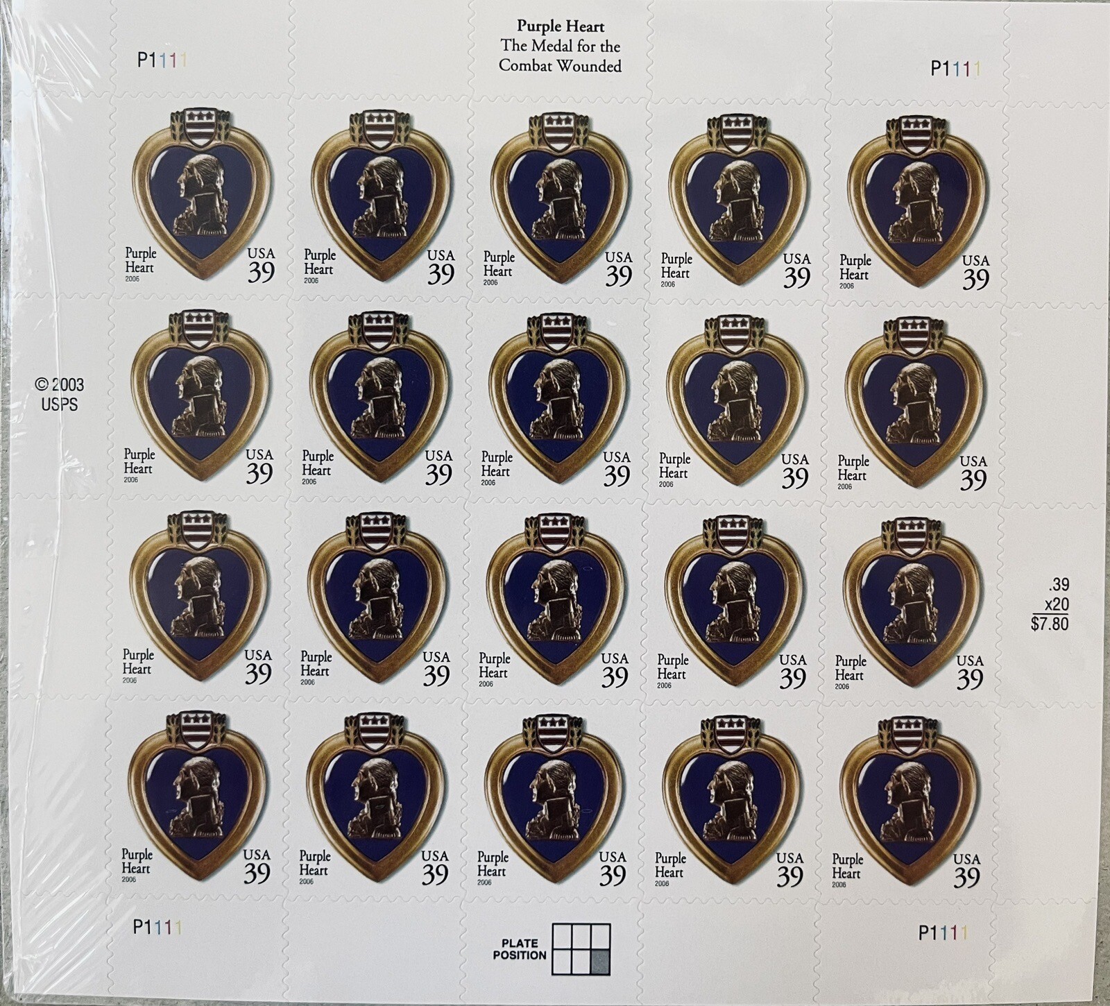 US SCOTT 4032 SHEET PANE OF 20 PURPLE HEART STAMPS 39 CENT FACE MNH FAST SHIP