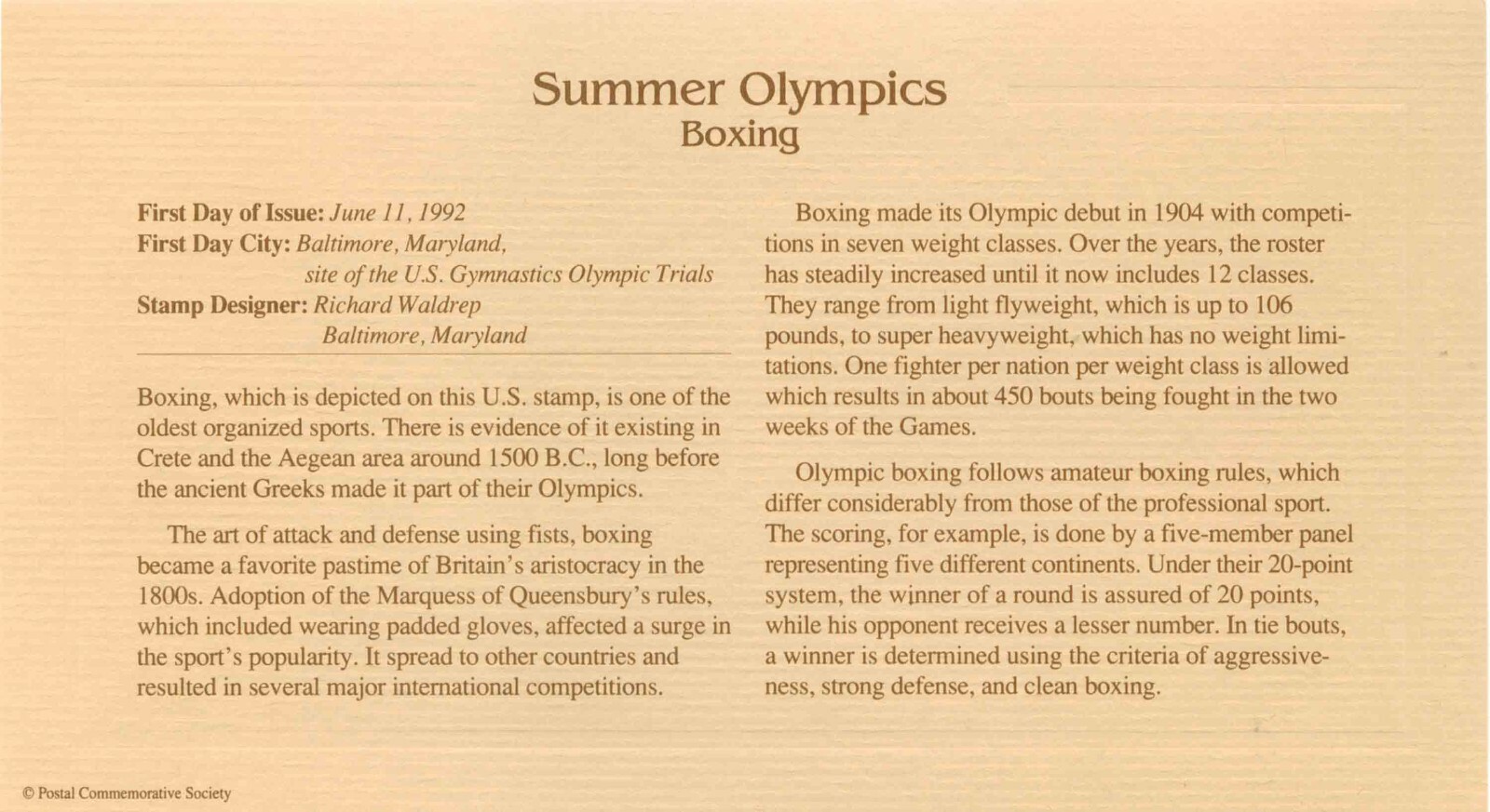 First Day Of Issue Jun 11 1992 Baltimore, MA 22kt Replica Summer Olympics Boxing