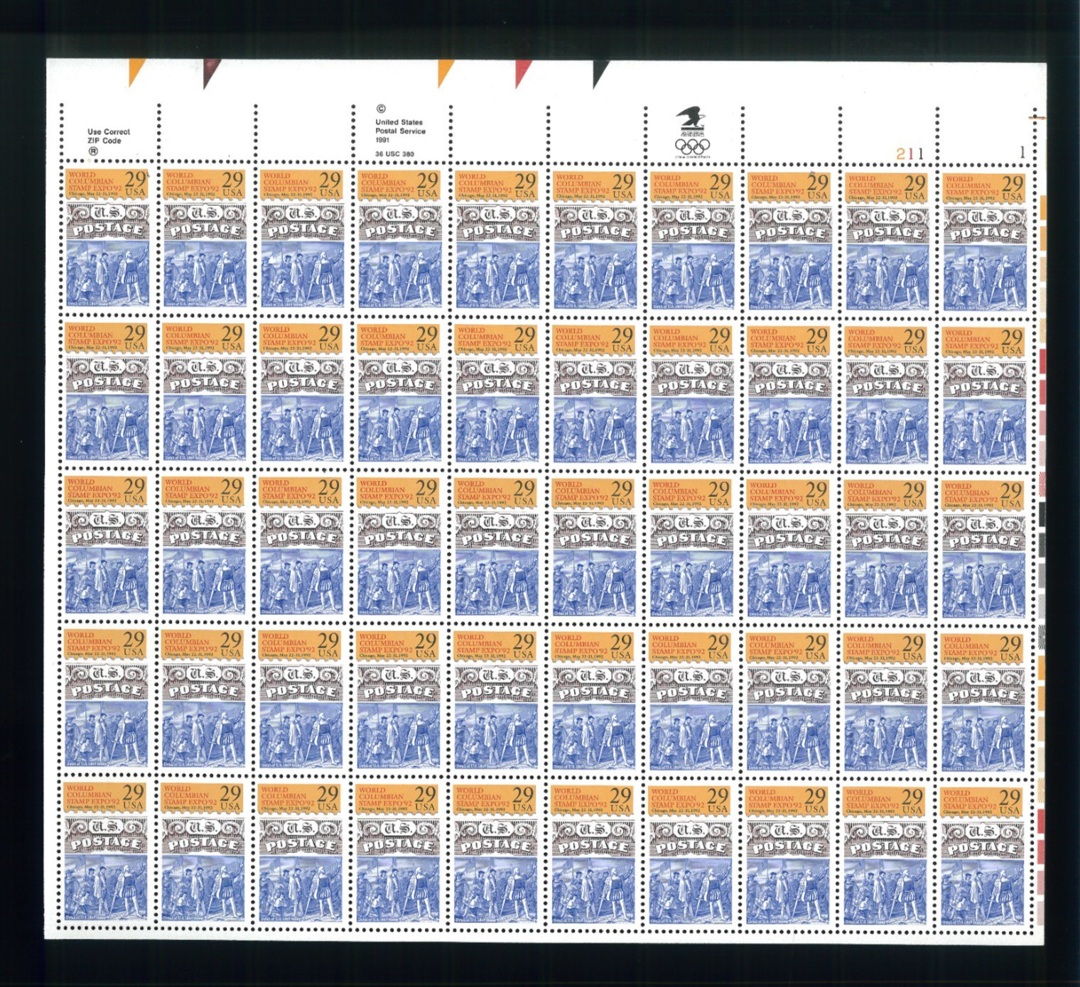 United States 29¢ World Columbian Expo Chicago Postage Stamp #2616 Full Sheet