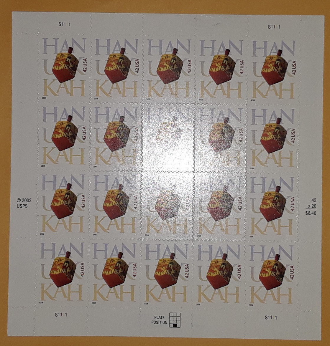 TWO Panes x 20 = 40 of HANUKKAH 42¢ Jewish Hebrew Dreidel US Stamp USA Sc # 4372