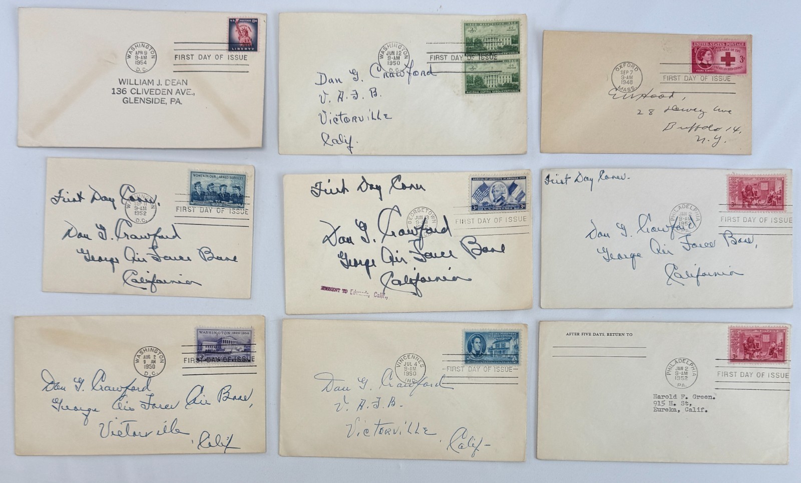 9 Vintage US First Day Covers 1948–1954 Americana, Washington Bicentennial