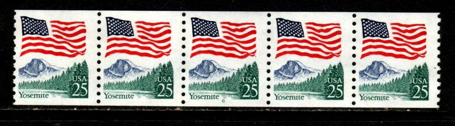 US Stamps – 25¢ Flag/Yosemite Park – Plate #6 Coil Strip of 5 MNH stamps SC#2280