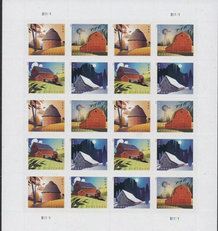 American Barns Pane of 20 Postcard Rate Forever Stamps