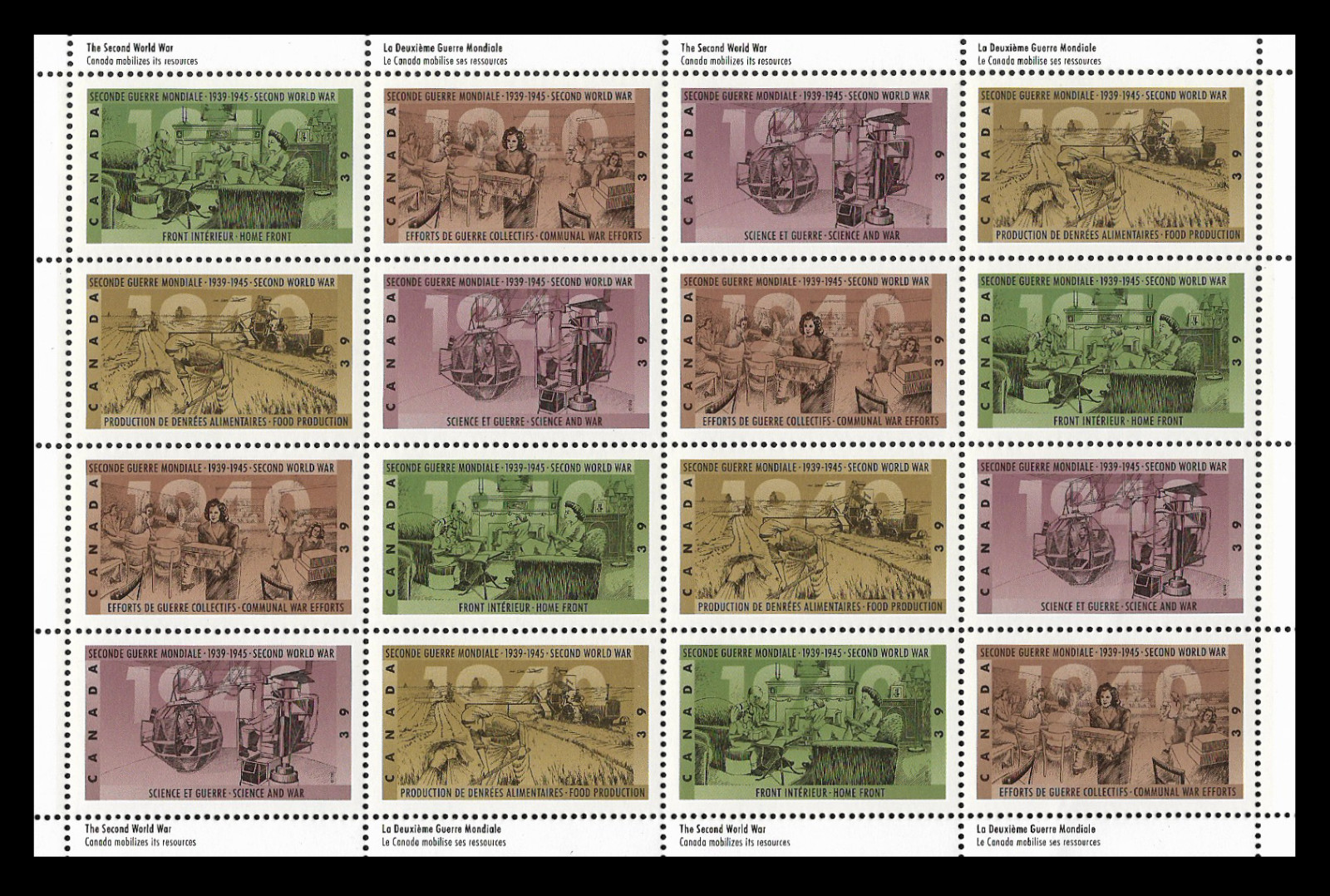 Canada Stamps – Full Pane of 16 – 1990, Second World War – 1940 #1298-1301 MNH