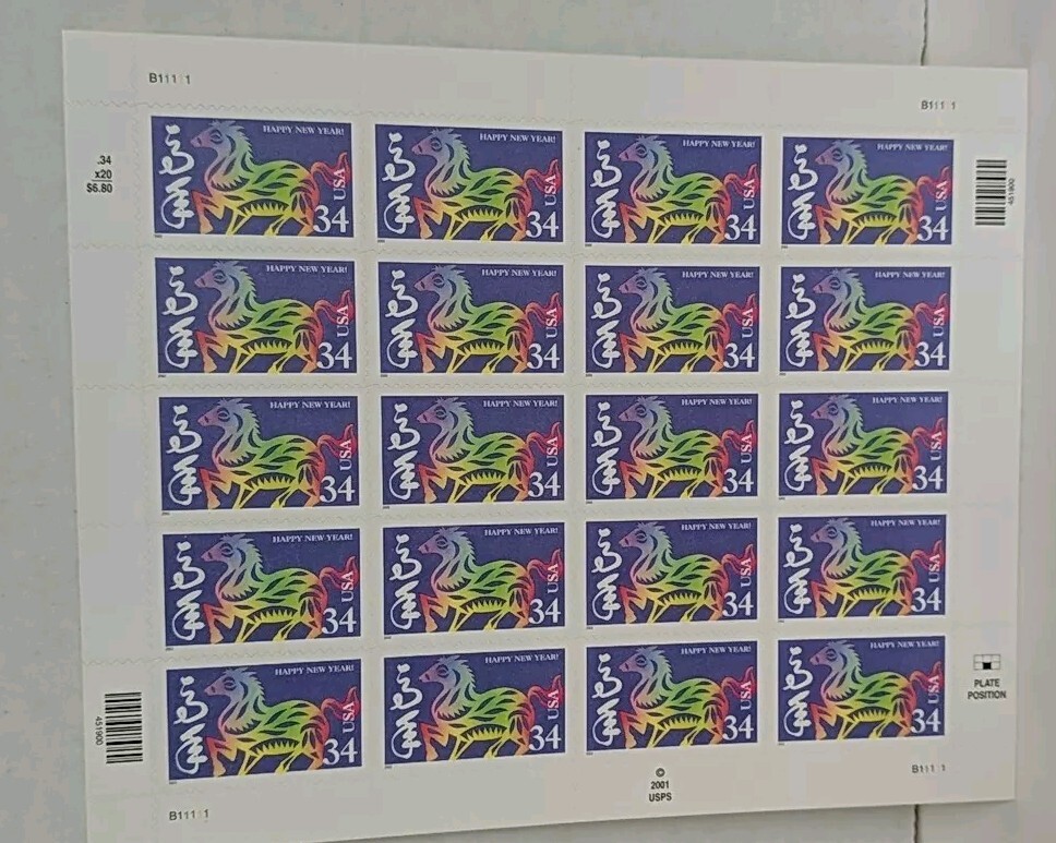 US Lunar New Year Stamps Pane Of 20 MNH .34c 2001 Chinese USPS Year of Horse