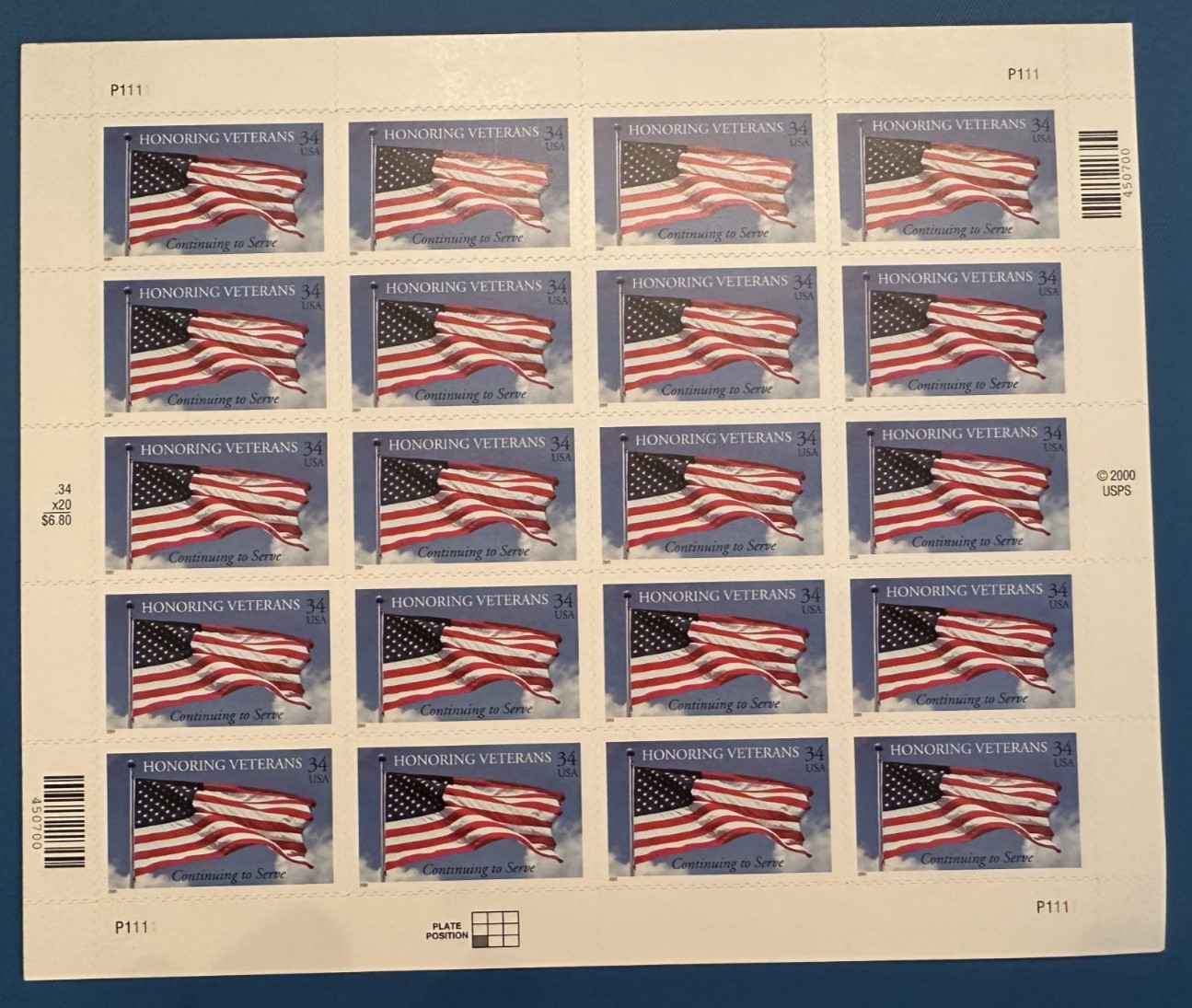 US SCOTT 3508 PANE OF 20 HONORING VETERANS 34 CENT FACE MNH