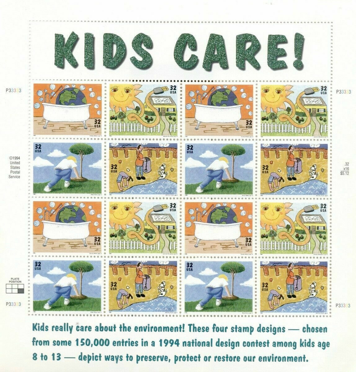 Five Sheets x 16 = 80 Of EARTH DAY KIDS CARE! 32¢ US Stamps. USA Sc # 2951-2954