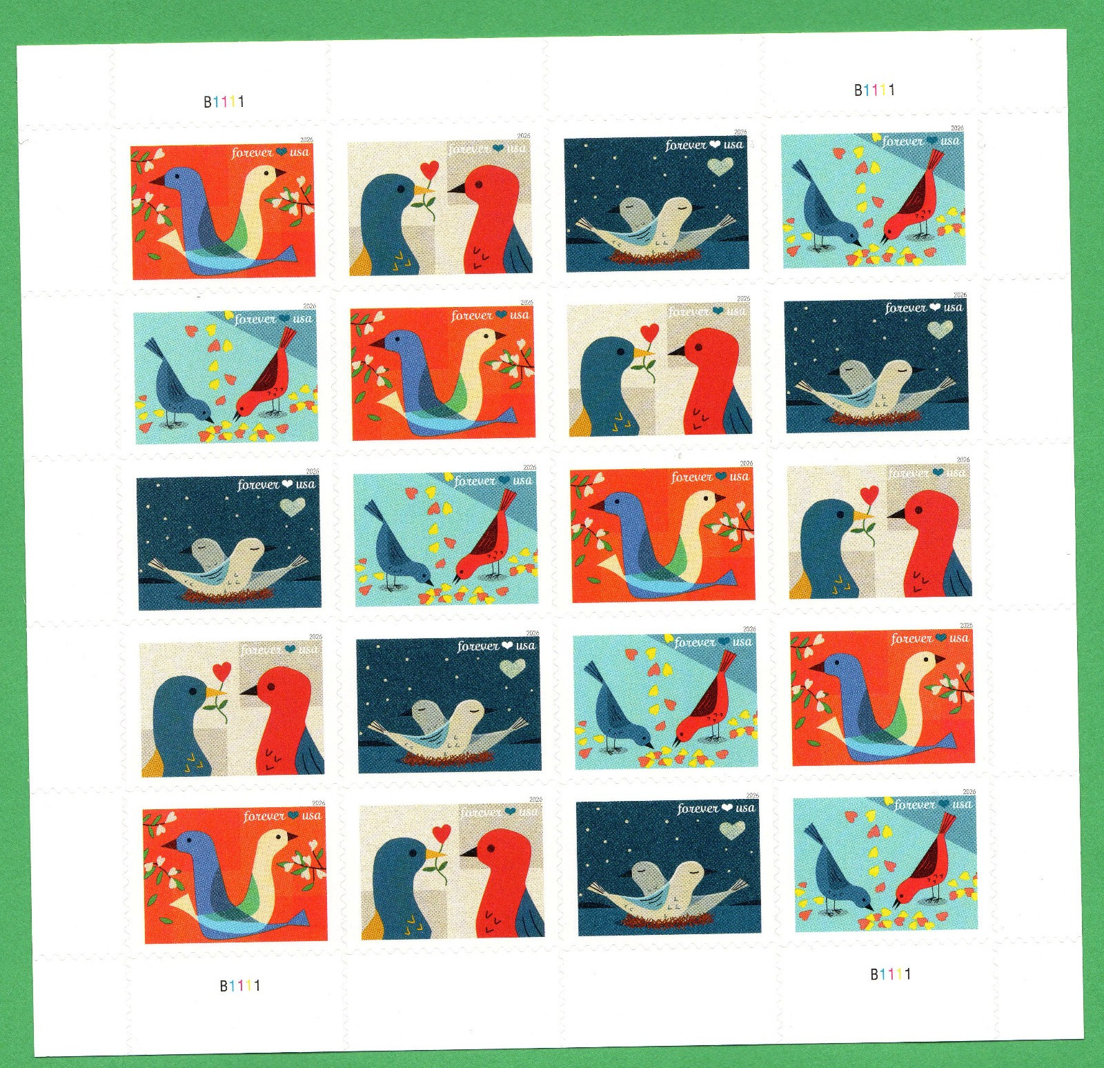 USPS Love Birds Sheet of 20 Forever Stamps – MNH (6049 – 2026)