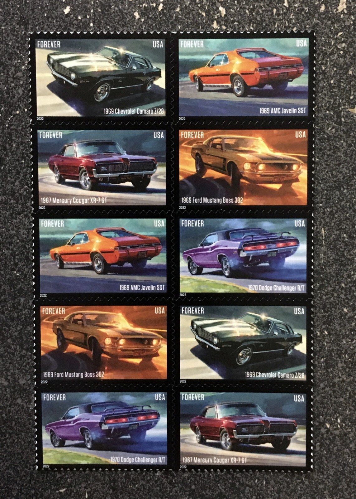 2022USA #5715-5719 Forever Pony Cars – Block of 10 From Sheet mint postage