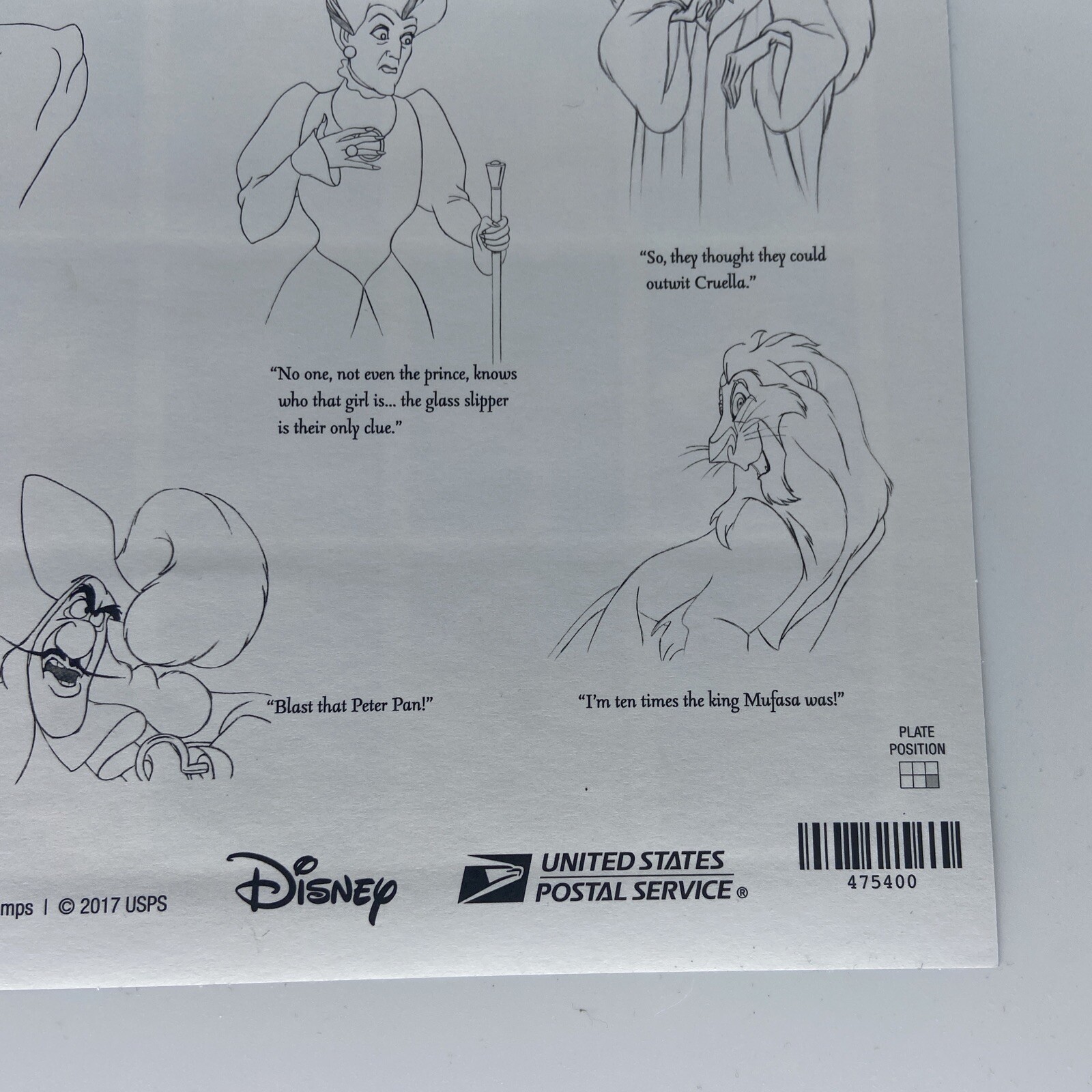 USPS Disney Villains Full Panel of 20 Stamps (1 Sheet) Ursula Scar Snow White