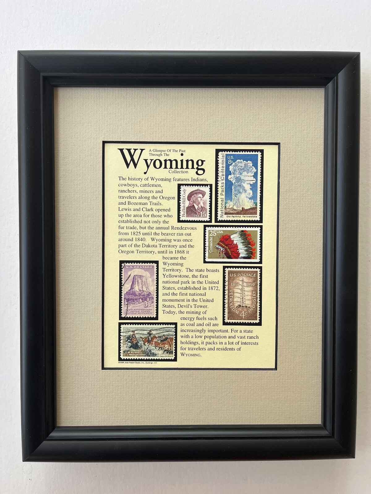 Wyoming Stamp Art Framed/Matted – Buffalo Bill, Old Faithful Yellowstone, etc.