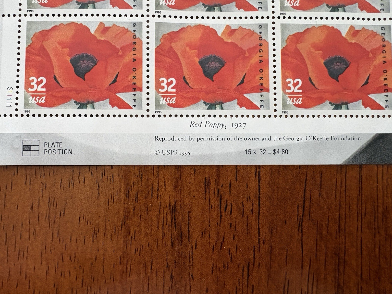 1996 USA Georgia O’Keeffe Red Poppy 32¢ Stamp Sheet of 15 MNH $4.80