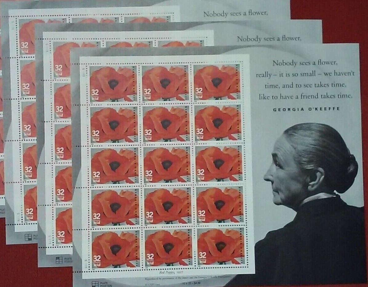 Three Souvenir Sheets x 15 = 45 GEORGIA O’KEEFFE 32¢ US Postage Stamps. USA 3069