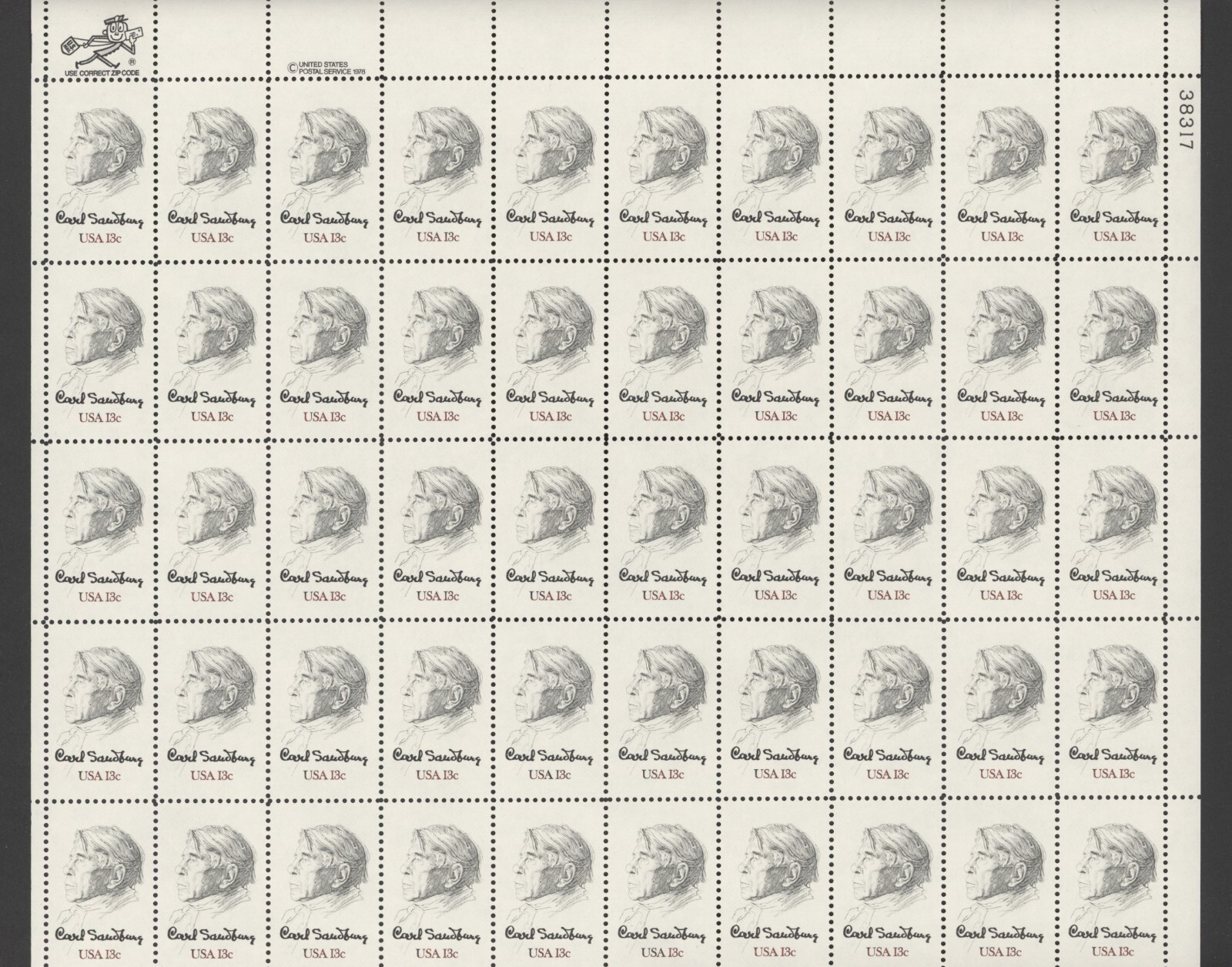 1978 US Scott#1731, 13c Carl Sandburg, Sheet of 50 MNH
