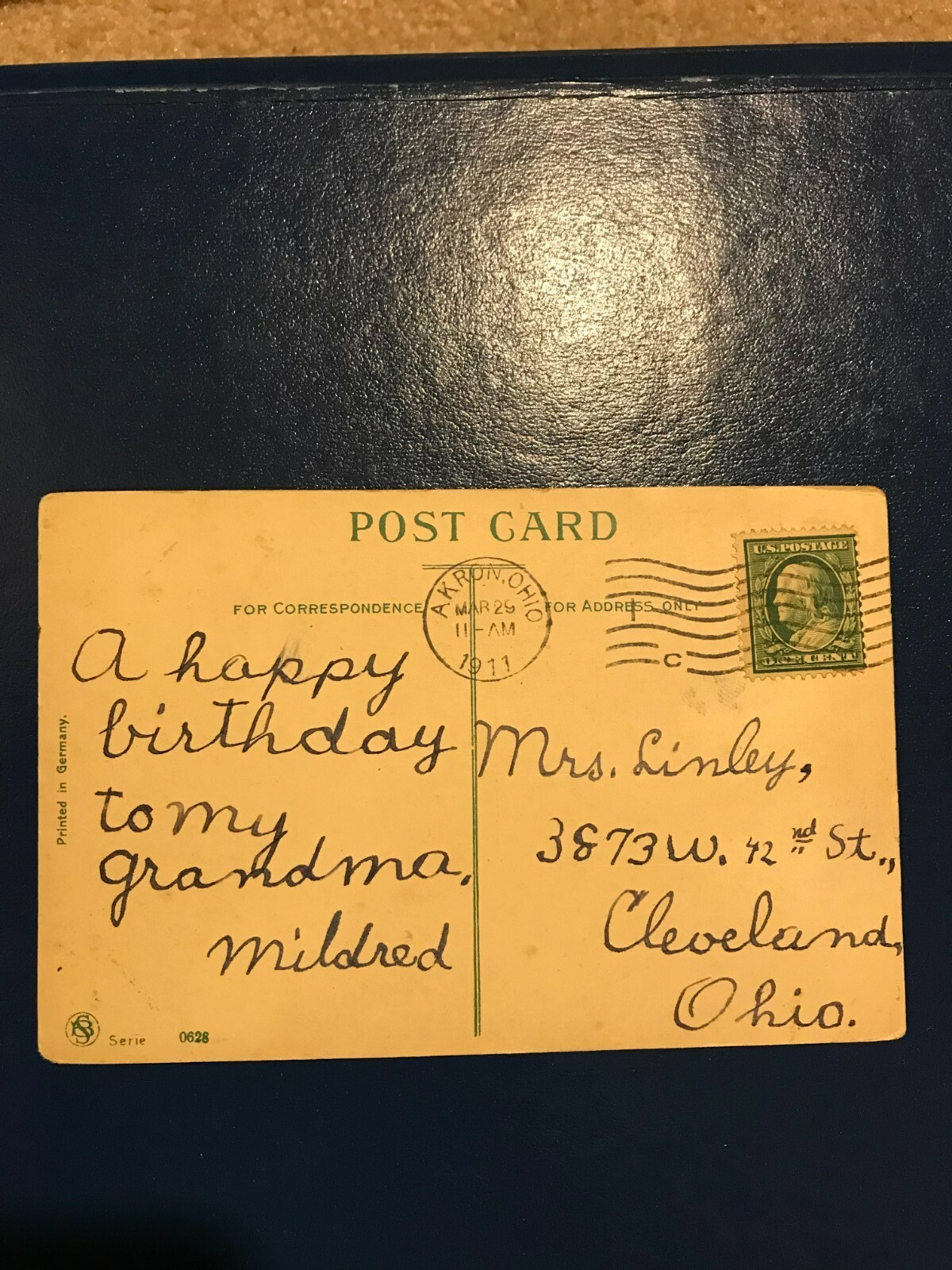 Post stamps 1 C Benjamin Franklin Postcard Birthday, dated 1911