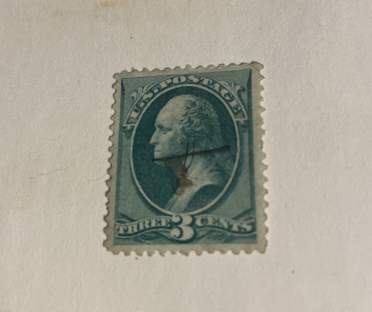 EXTREMELY RARE 1870-79 3 CENT GEORGE WASHINGTON US GREEN POSTAGE STAMP, USED