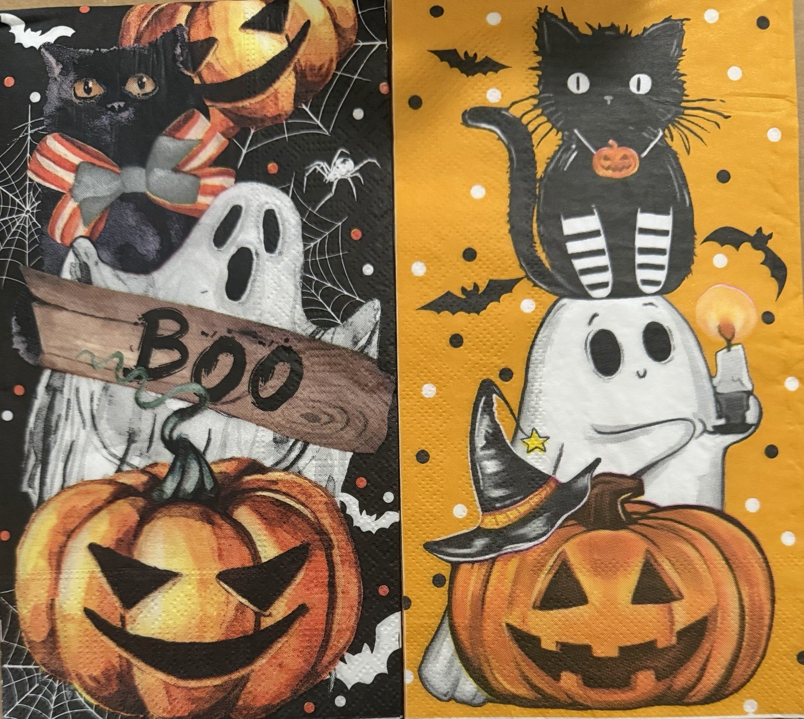 Two Individual dinner Decoupage Napkins/Halloween/Black Cat/pumpkins/orange BOO