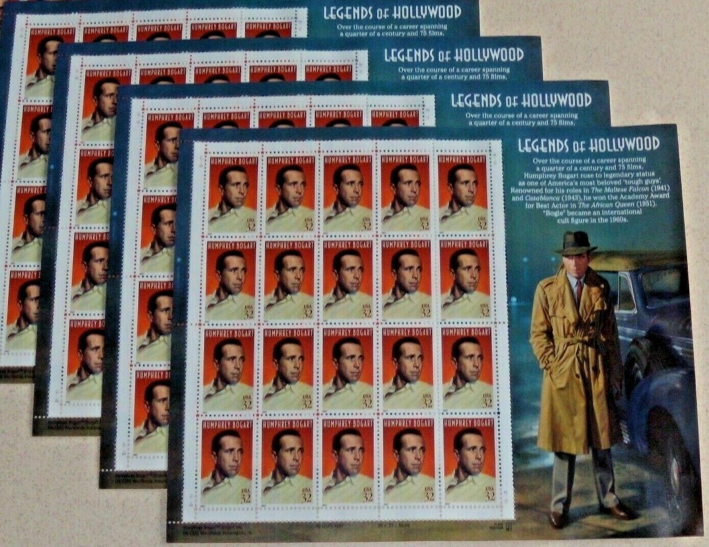 Four x 20 Legends of Hollywood HUMPHREY BOGART 32¢ US Postage Stamps USA Sc 3152