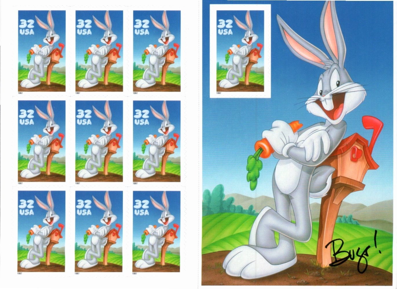 Scott#: 3137 – Bugs Bunny 10×32¢ 1997 Avery self-adhesive pane of 10 – Lot 5
